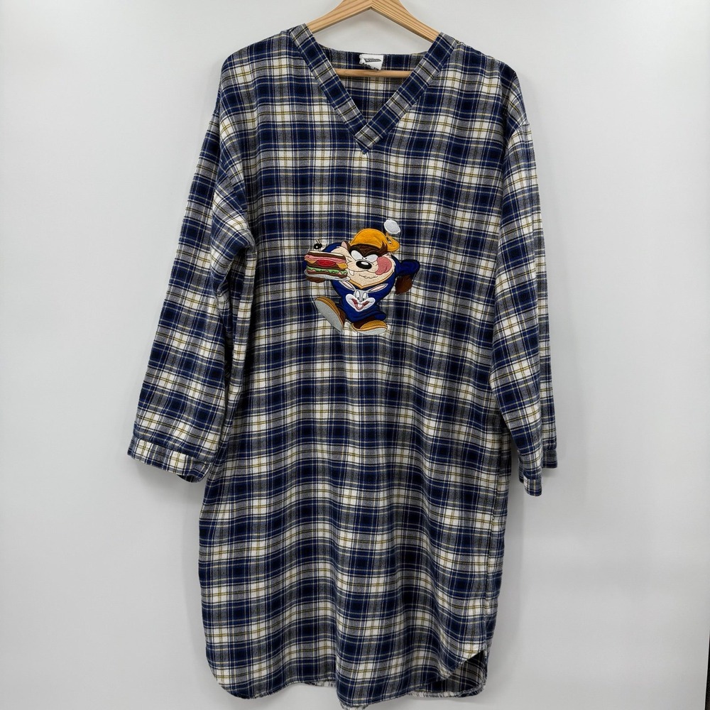 Vintage Warner Bros Tazmanian Devil Taz Flannel Nightgown Blue Plaid Size S/M